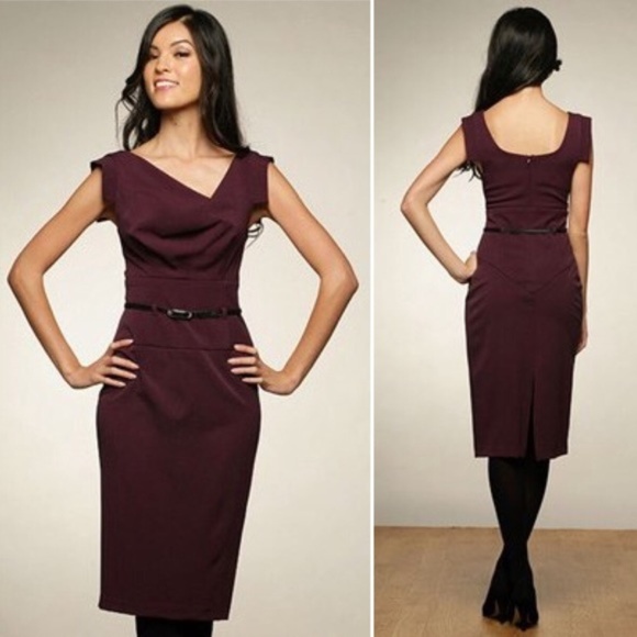 Black Halo Jackie O Classic Belted Midi Sheath Dress Textured Purple Plum Sz 0